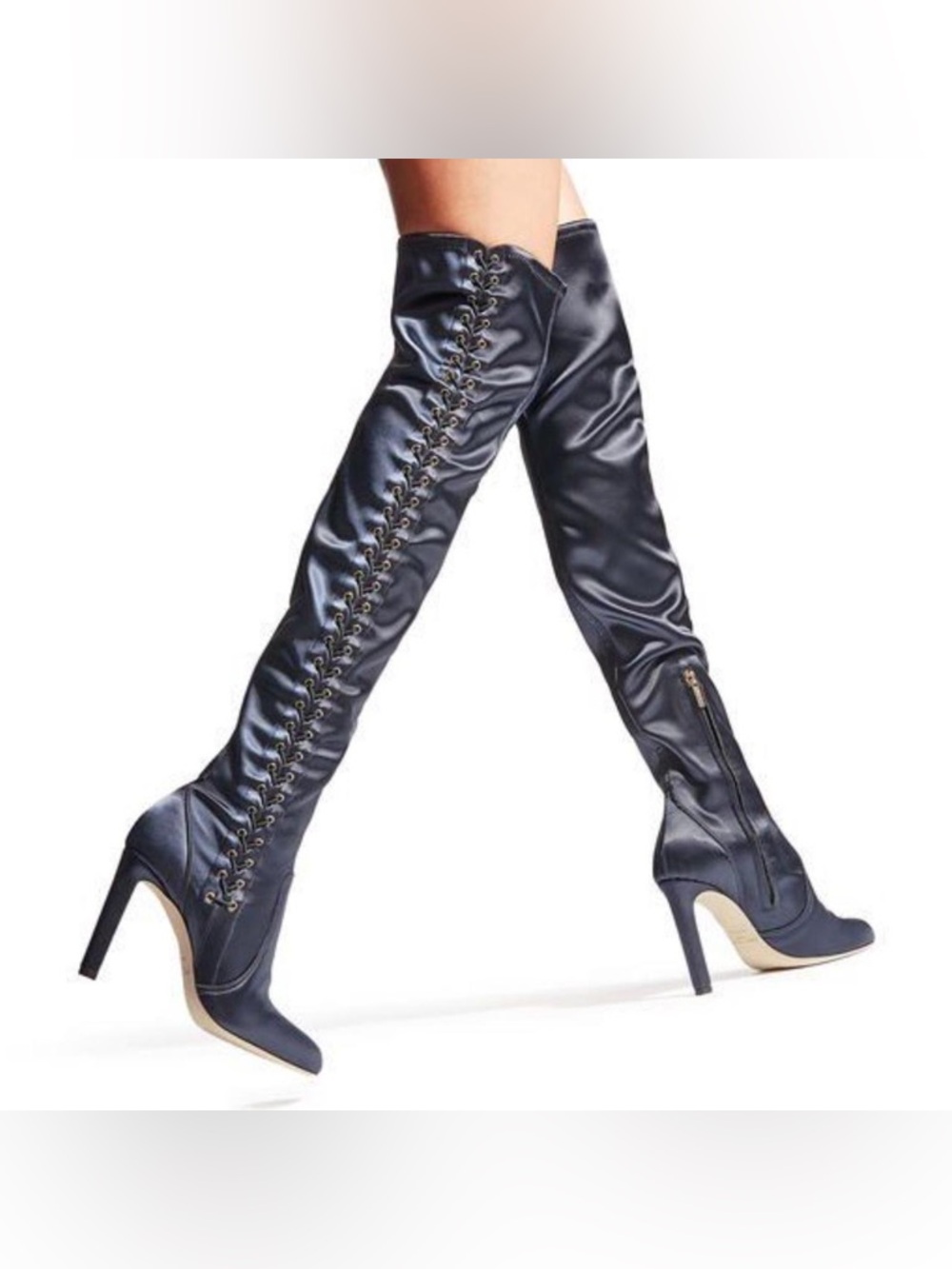 NEW Jimmy Choo Marie 100 Navy Satin Lace Up Over The Knee Boots 35 US 5